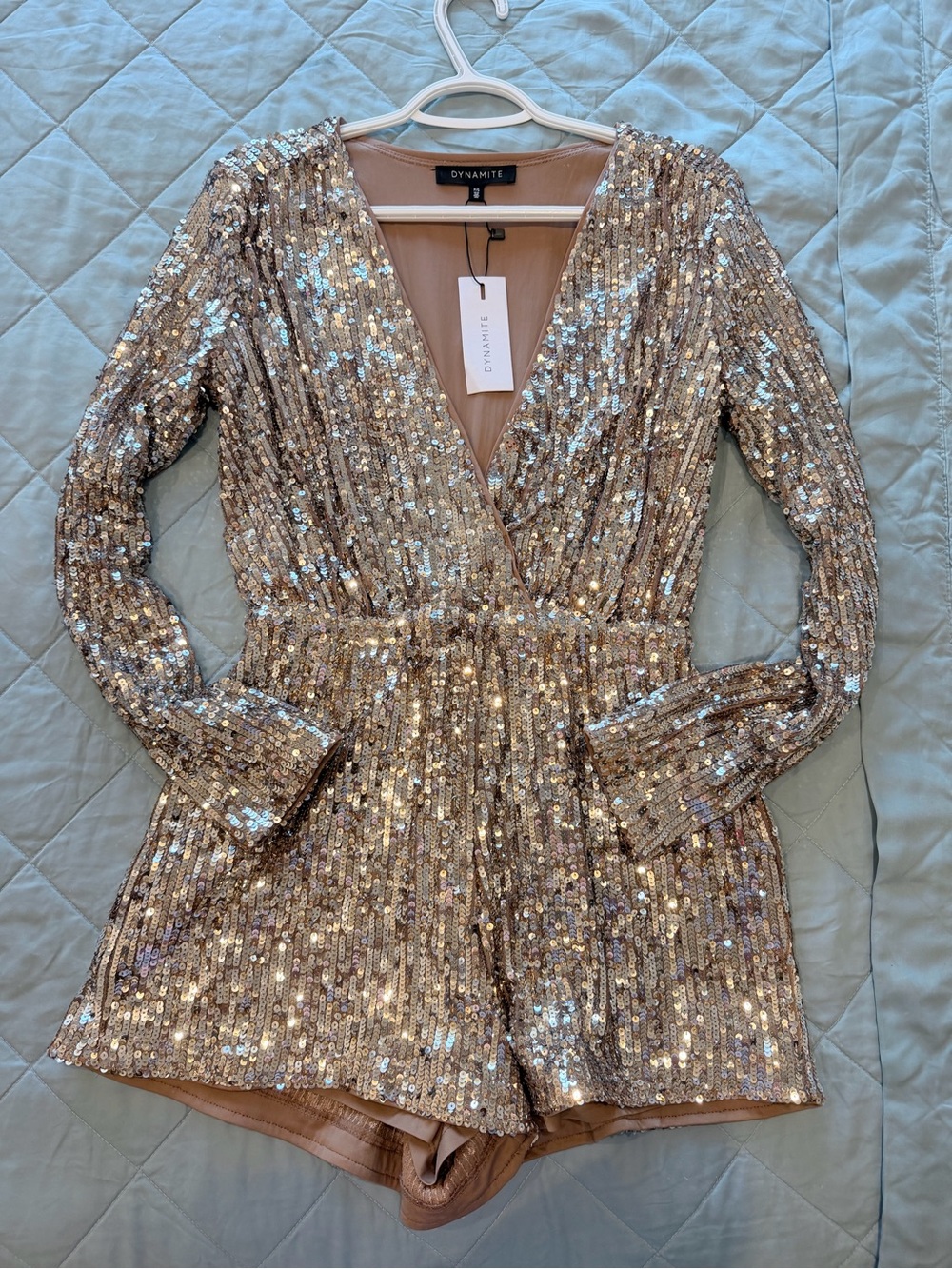 NWT Dynamite Christelle Sequin Long Sleeve Romper - Rose Gold / Champagne